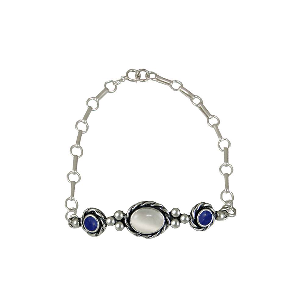 Sterling Silver Gemstone Adjustable Chain Bracelet With White Moonstone And Lapis Lazuli